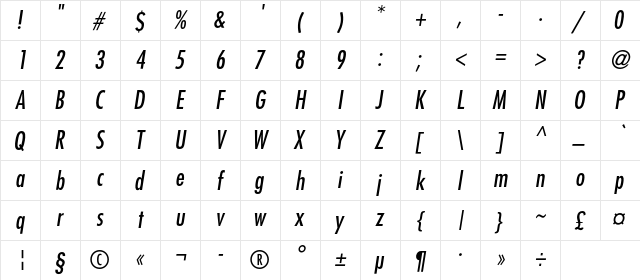 FavoritCondC Italic  glyph index