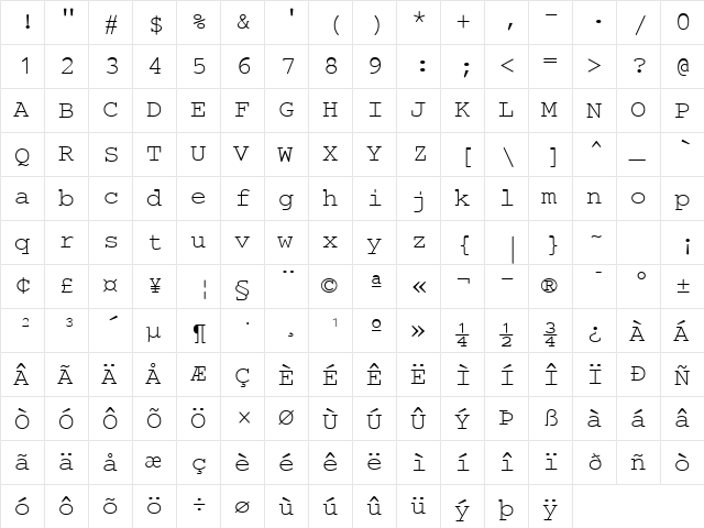 Brougham Regular  glyph index