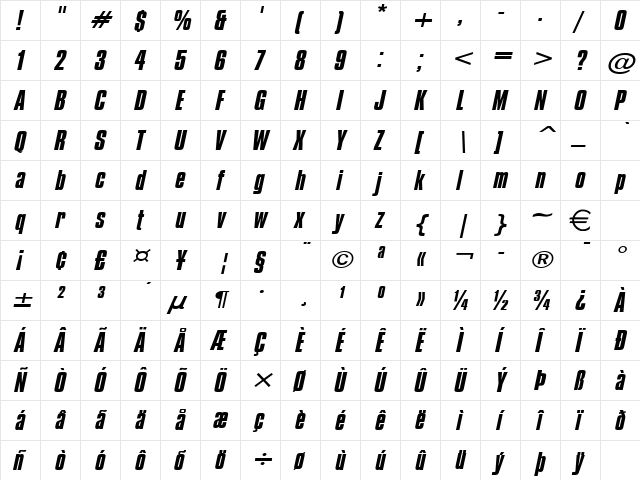 CommadorWide Italic  glyph index