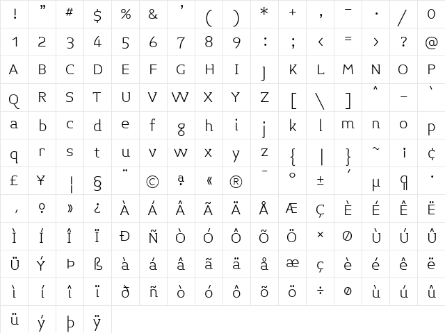 Midiet Serif Light  glyph index