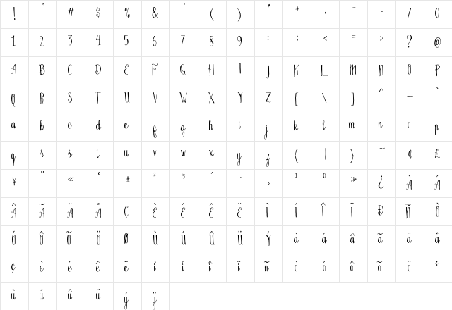 Bellanie Script Regular  glyph index