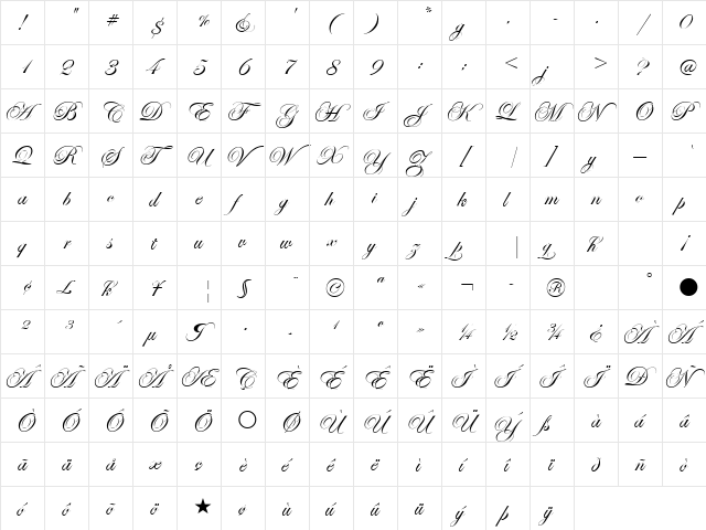 Edwardian Scr ITC TT Regular  glyph index