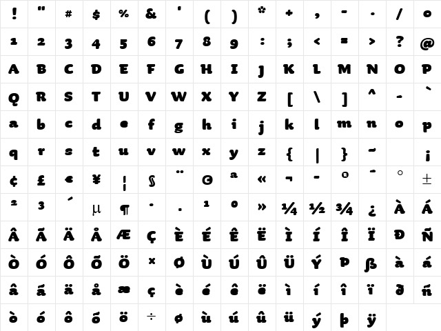 Sauna Swash Black Regular  glyph index