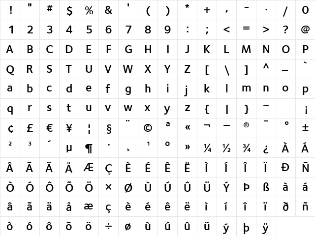 FoundrySterling-Demi Regular  glyph index
