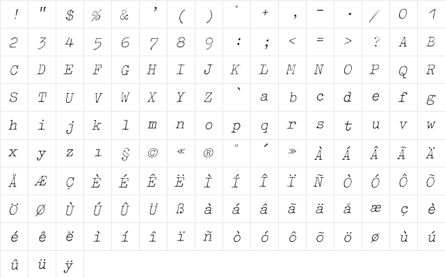 Typewriter ExtraLightOblique  glyph index