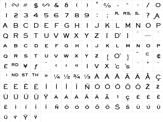 ATSackersGothic Heavy  glyph index