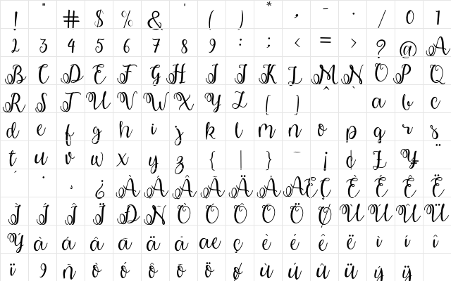 shabila Regular  glyph index