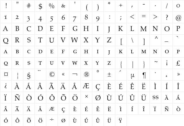 Aldus Expert BQ Regular  glyph index