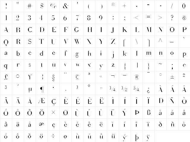 Seventy Regular  glyph index