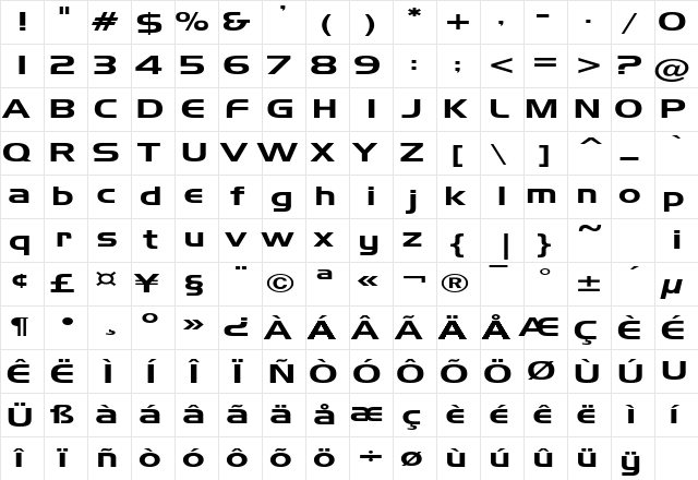 AeroExtended Regular  glyph index