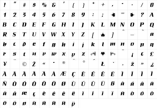 Dauphine Regular  glyph index