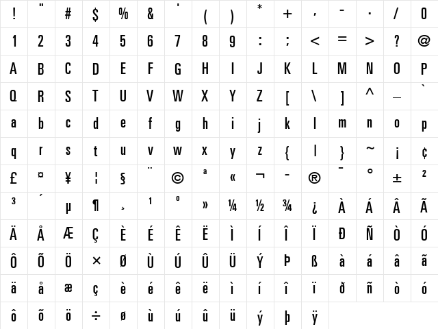 Univers UltraCondensed Regular  glyph index