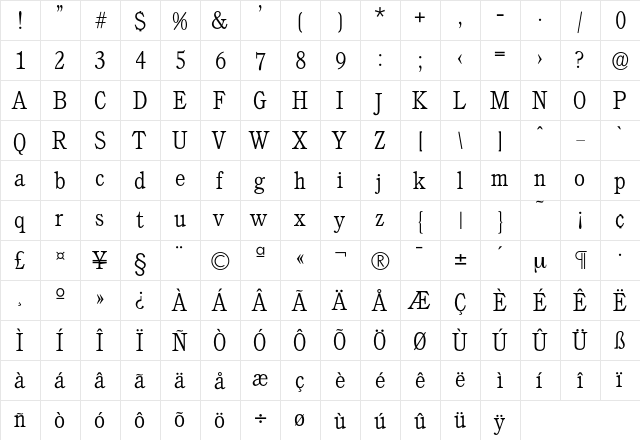 Calgary-Xlight Regular  glyph index