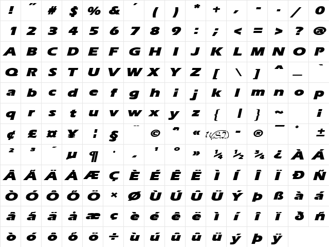 Ergoe-Mild Black Expanded Italic  glyph index