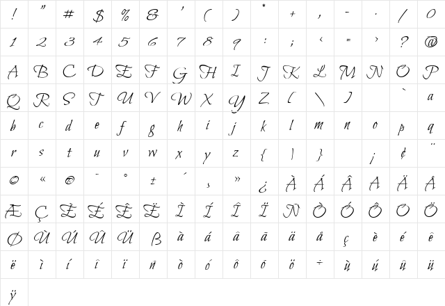 Bilbo Regular  glyph index