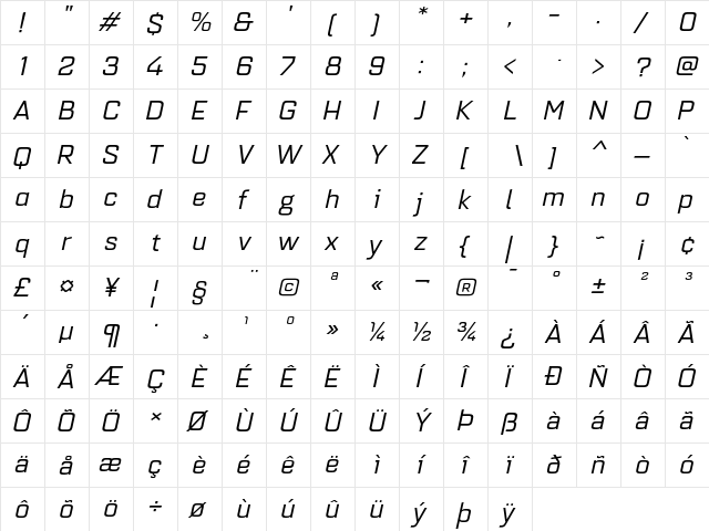 Quarca Ext Regular Italic  glyph index