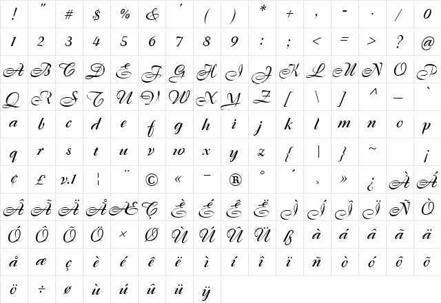 FrancineHmkBold Regular  glyph index