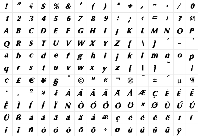 ColumbiaSerial-Heavy Italic  glyph index