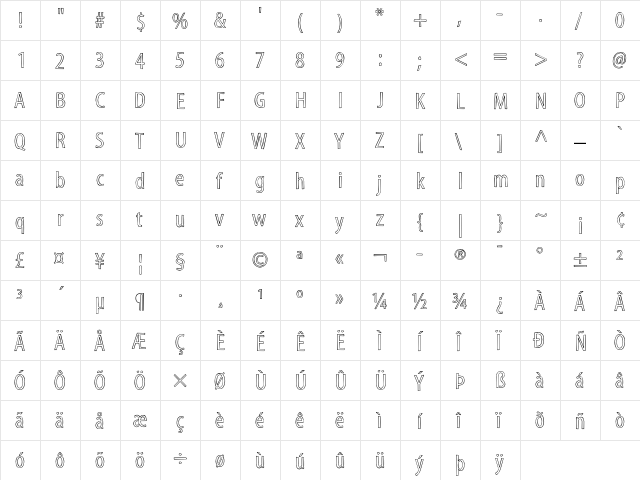 Myriad Sketch  glyph index