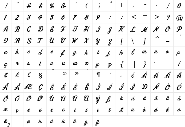 FenwayParkJF Regular  glyph index