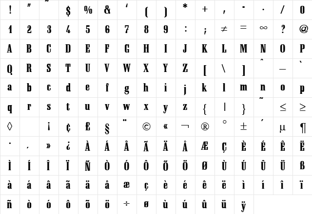 SchadowCondHeavy Regular  glyph index