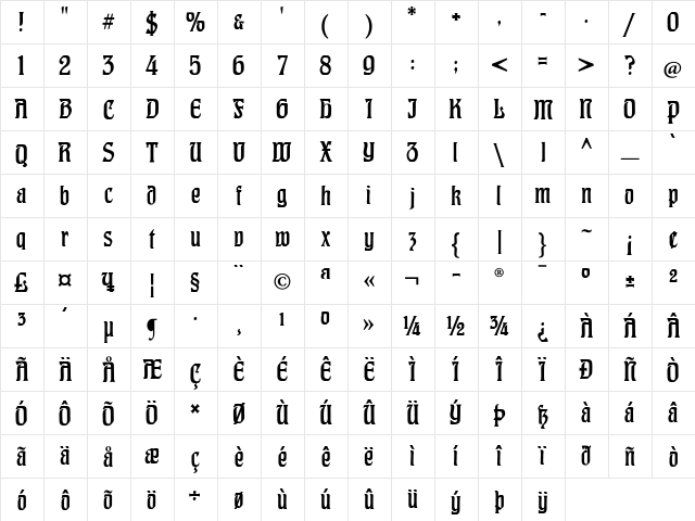 CAT Hohenzollern Regular  glyph index