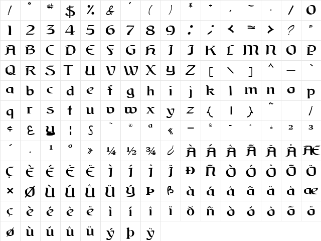 Moon Regular  glyph index