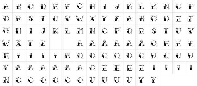 Traditional-Tattoo Regular  glyph index