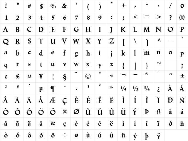 LinotypeTrajanus Bold  glyph index