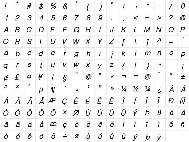 ContextLightSSK Bold Italic  glyph index