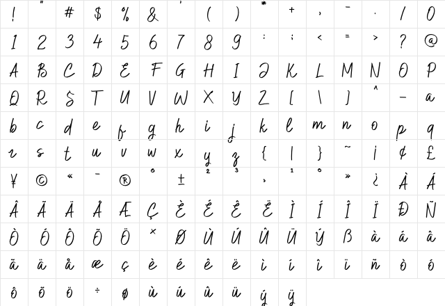 Hilburg Script Regular  glyph index