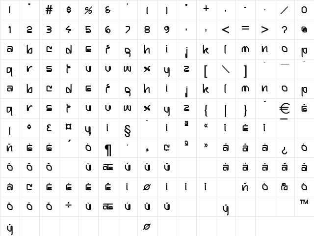 Hanger Bold  glyph index