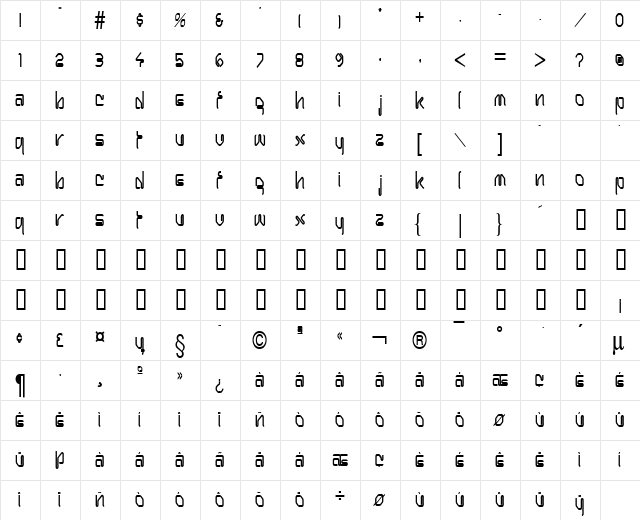 Hanger Condensed Bold  glyph index