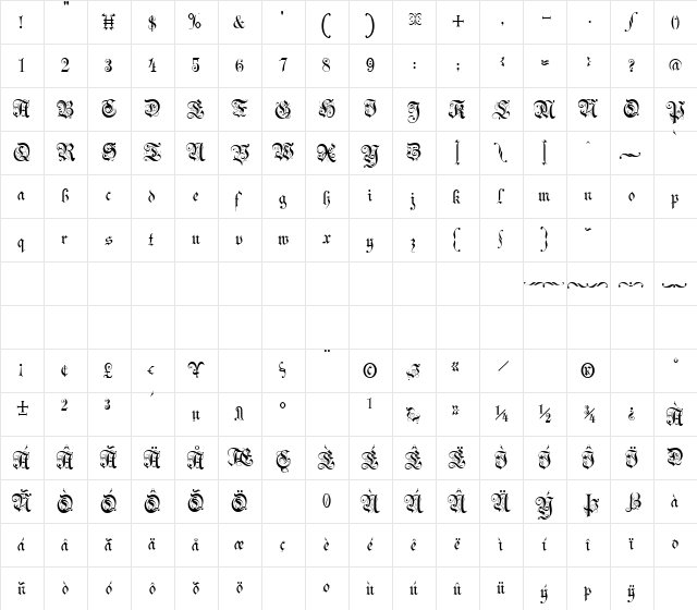 Theodore Fancy Regular  glyph index