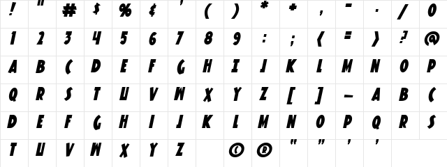 Knuckle Sandwich Italic  glyph index