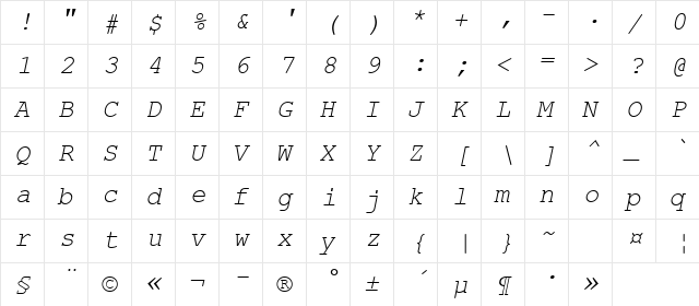 Courier New Cyr Italic  glyph index