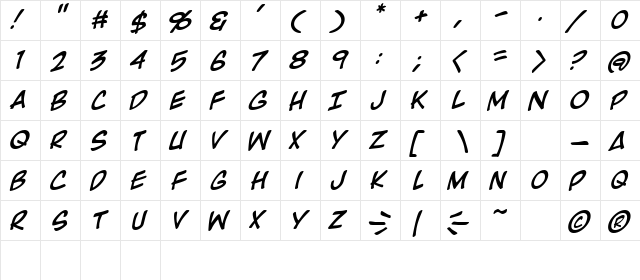 Rooftop Run Italic  glyph index