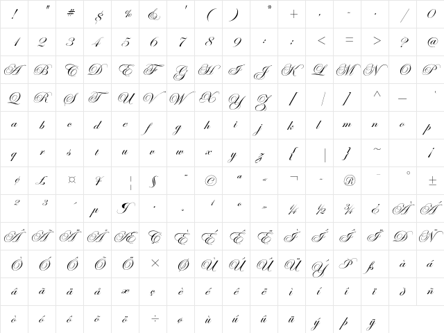 Edwardian Script ITC Std Regular  glyph index