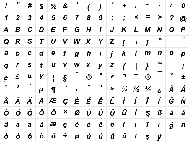 Arial Digiscream Bold Italic  glyph index