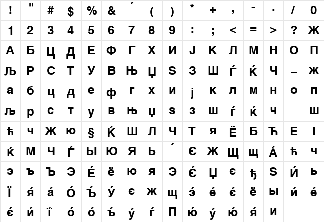 MAC C Swiss Bold  glyph index