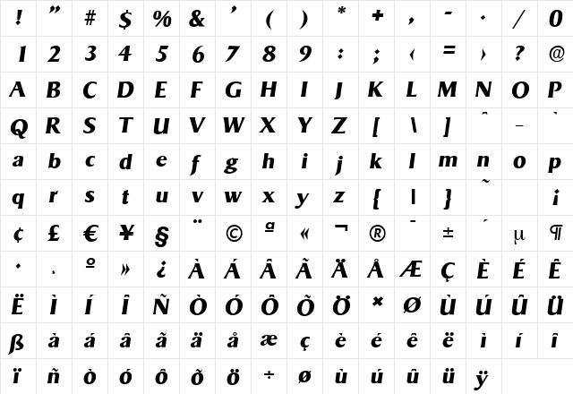 SigvarSerial-Xbold Italic  glyph index