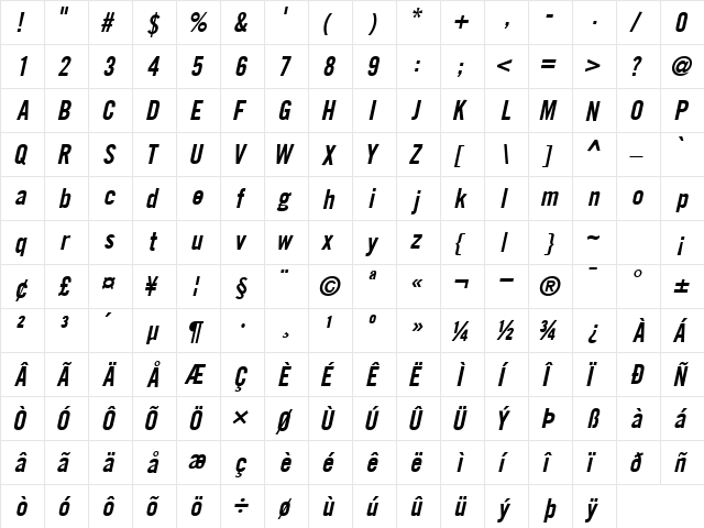 CommerceCondSSK Bold Italic  glyph index