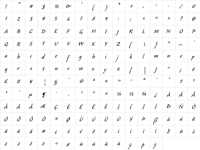Caliban Regular  glyph index
