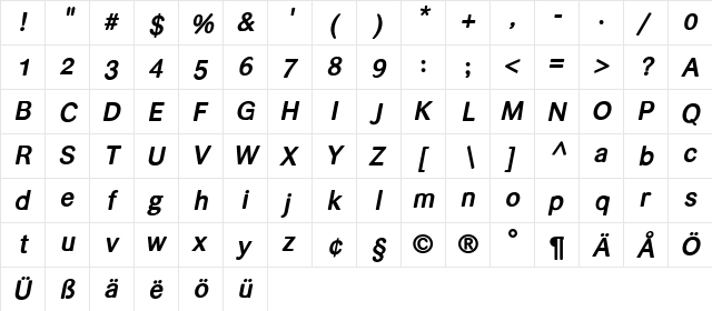 helvari Bold Italic  glyph index