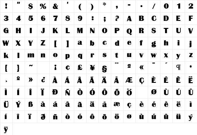 Bastion Regular  glyph index