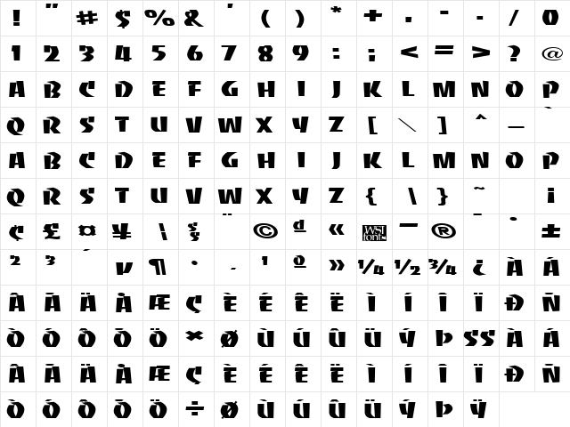 BaccaratUprightWide Regular  glyph index