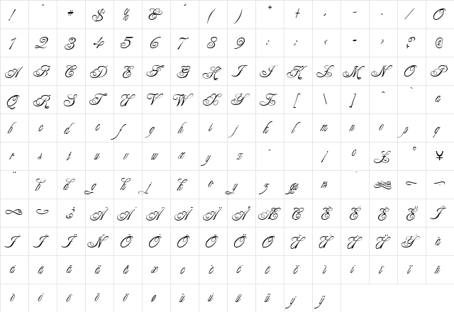 VanRose Regular  glyph index
