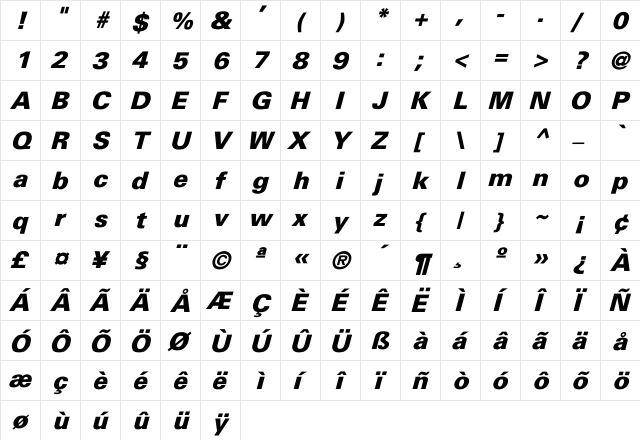 Univers-Black Italic  glyph index