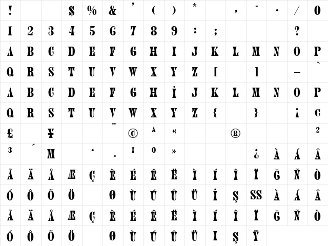 TR Jupiter Regular  glyph index