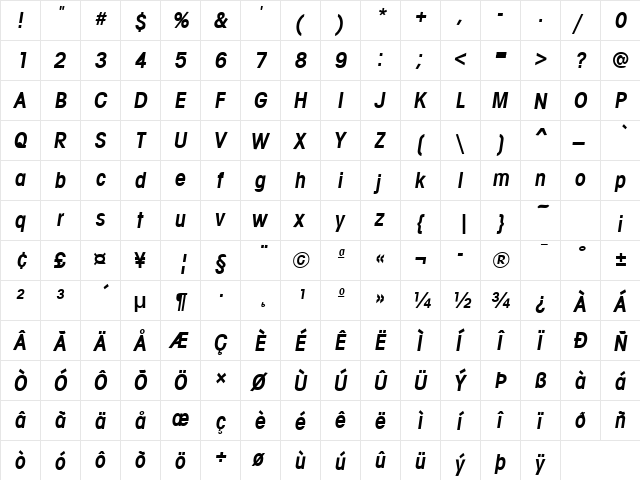 AvalonCond Bold Italic  glyph index